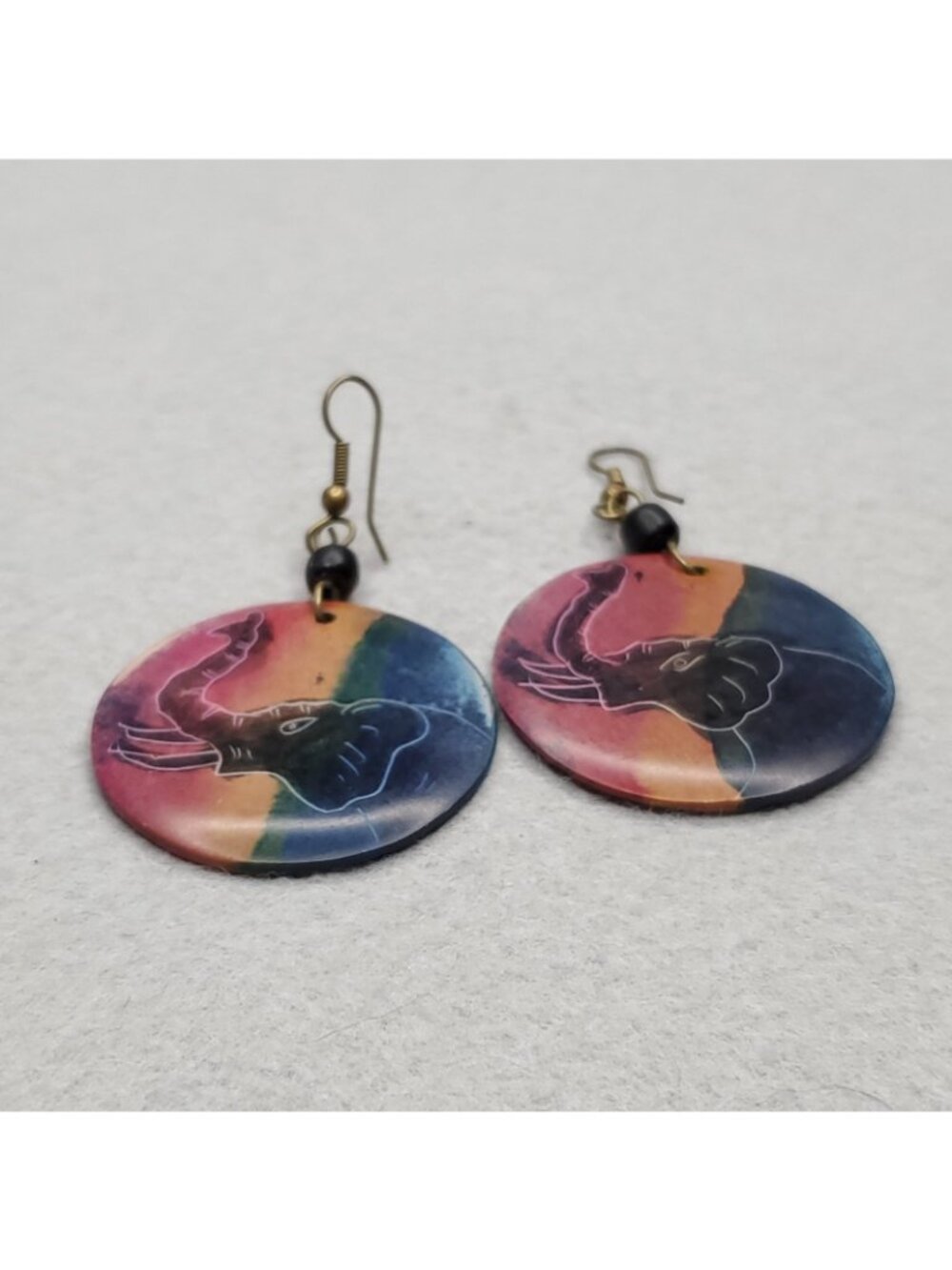 Elephant Earrings Dangle Dyed Etched Carved Soapstone Double Sided 1.5" - Picture 4 of 6